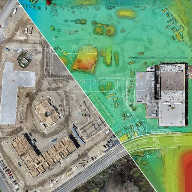 Luchtkaart met 3D-hoogtedata en een ingetekend ontwerp over de werkelijkheid heen