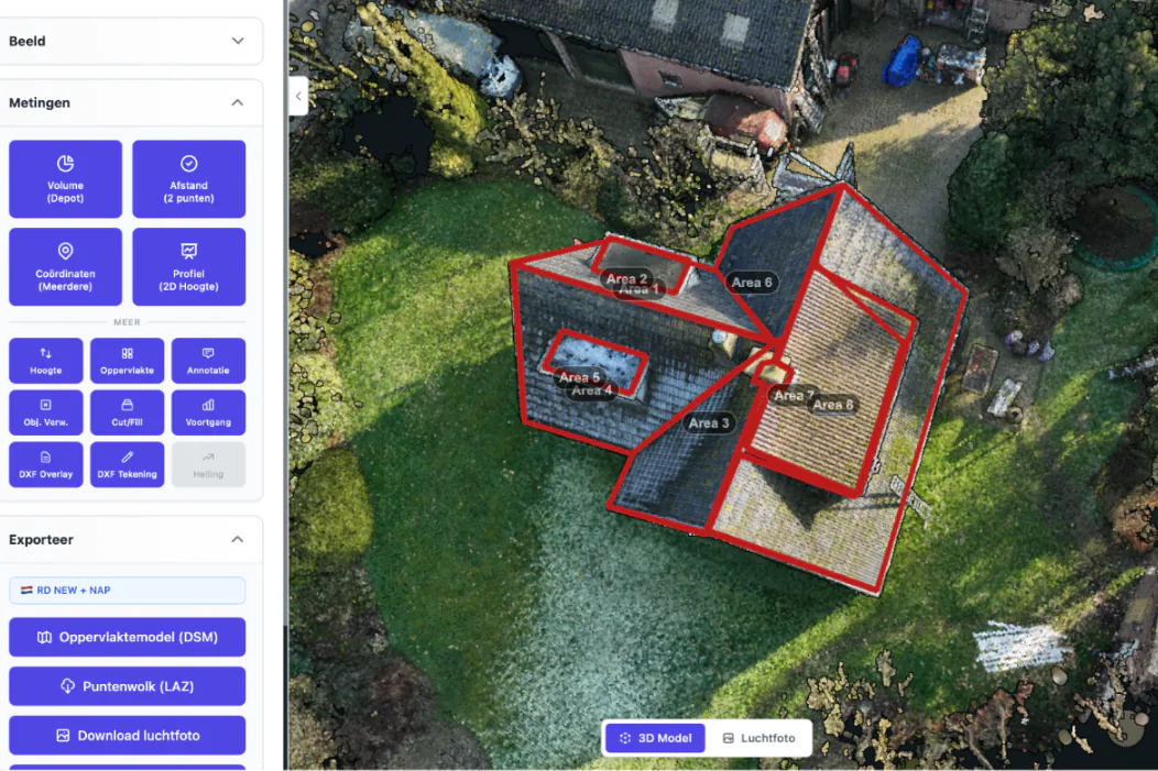 De Dakinspectie-app met een 3D-model van een complex dak