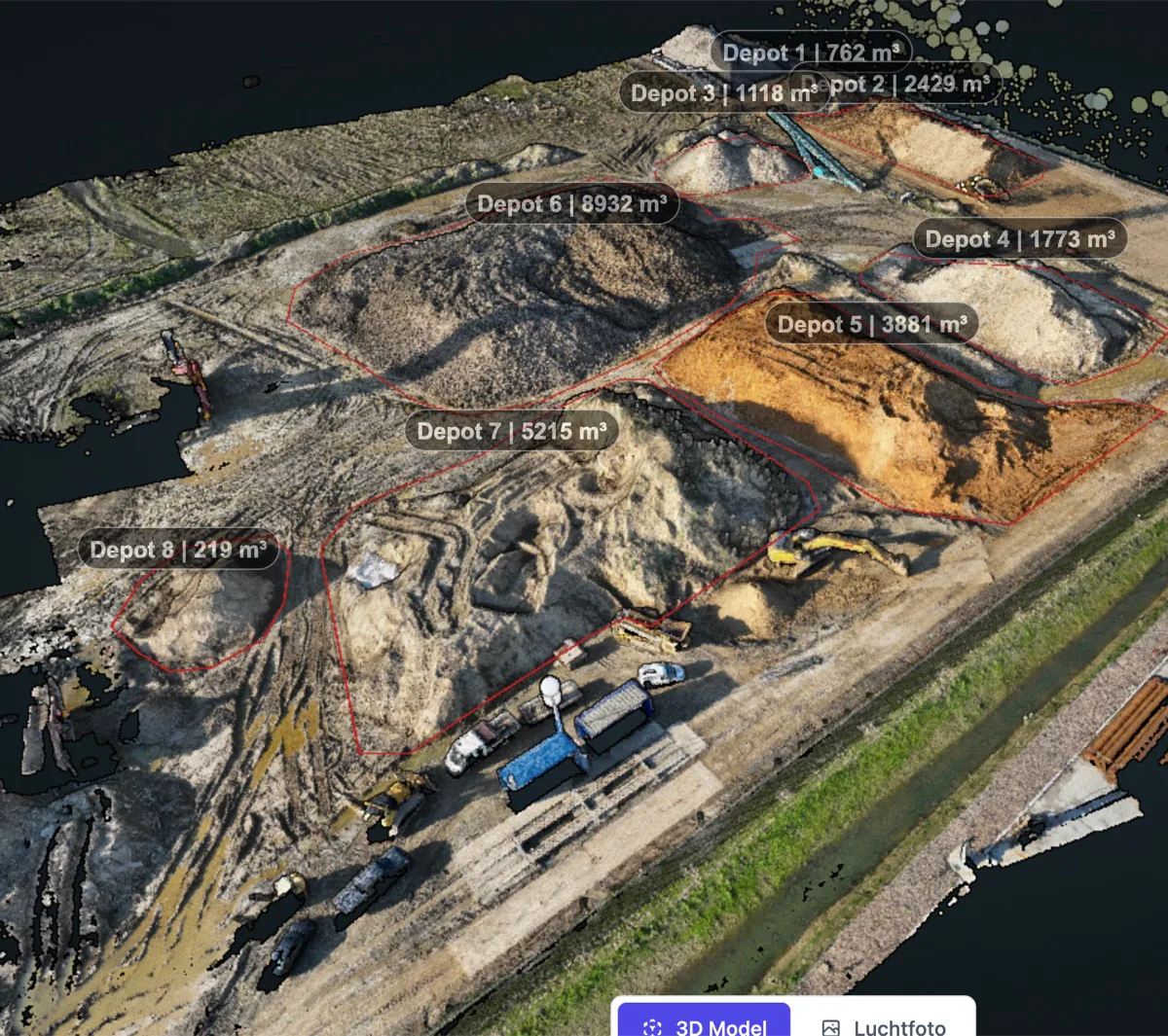 3D-model en volumeberekening in het AiroMap-dashboard