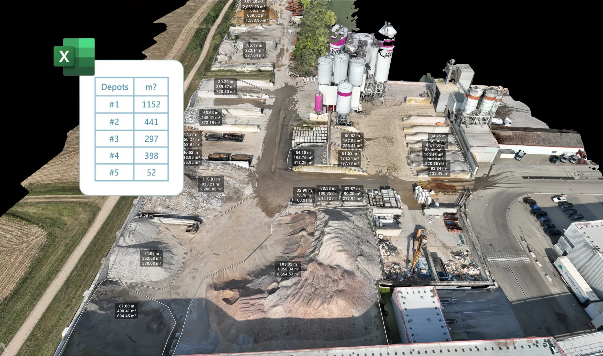Automatisch gegenereerd AiroMap-volumerapport met het gemeten volume per depot in kubieke meters